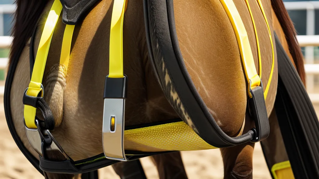 Gros plan sur la pose d'une bande réfléchissante jaune sur le membre d'un cheval.