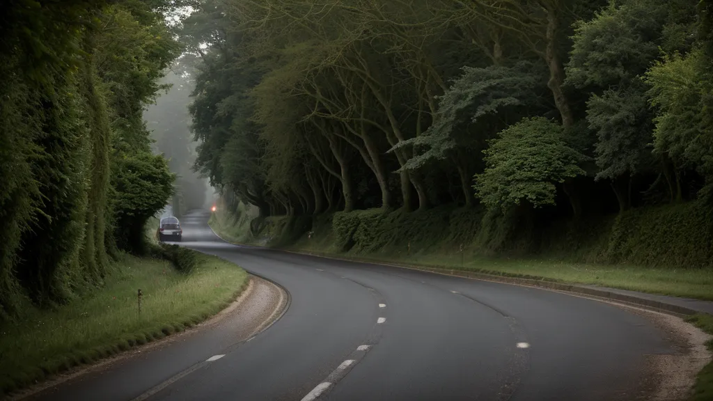 Une route de campagne normande dans le brouillard avec des phares de voiture au loin.