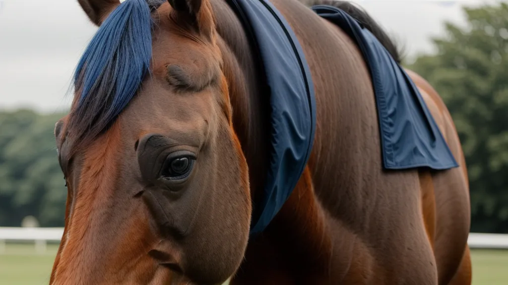 Détail d'un licol plat en nylon bleu sur la tête d'un poulain