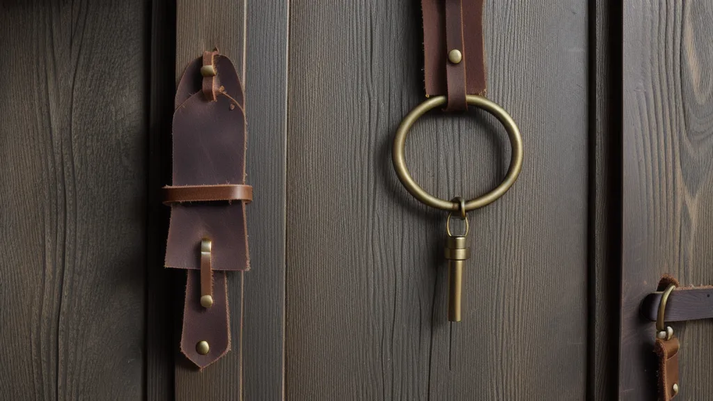 Licol en cuir avec boucles en laiton suspendu à une porte d'écurie