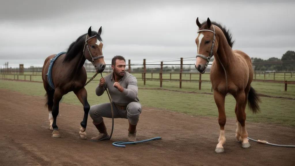Jeune cheval reniflant calmement le tapis de selle lors d'une séance de désensibilisation au pré.