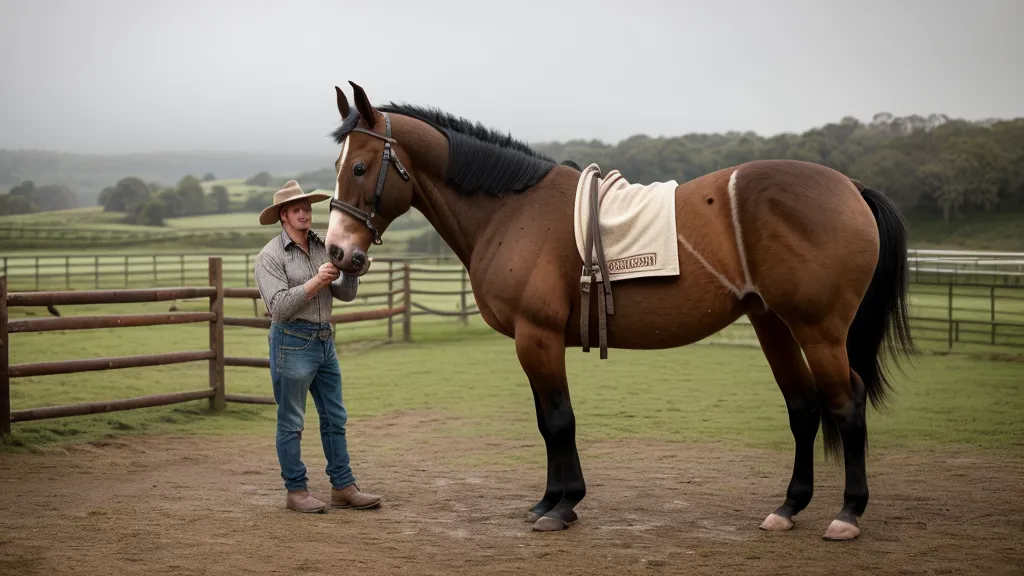 Frédéric Lambert vérifie l'équipement de protection avant une séance avec son jeune cheval