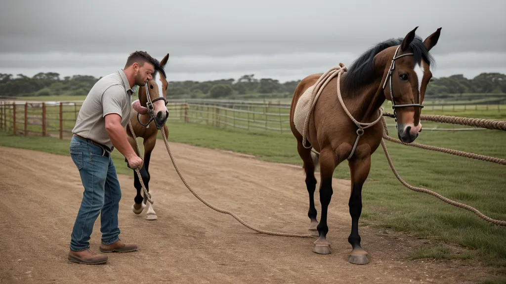 Comment choisir un surfaix de travail adapté au débourrage de son poulain : matériel d'équitation posé sur le dos d'un jeune cheval pendant le travail à pied
