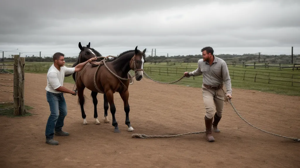 Jeune cheval en plein appuyer dans une carrière, premiers pas de travail latéral après le débourrage