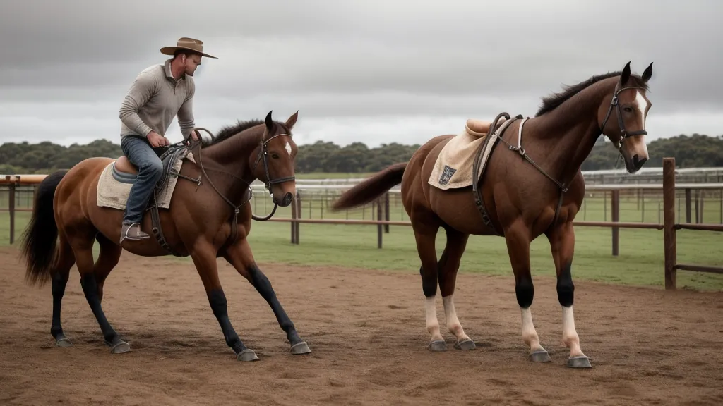 Cavalier amateur concentré sur son point de direction lors d'une séance de dressage avec un jeune cheval