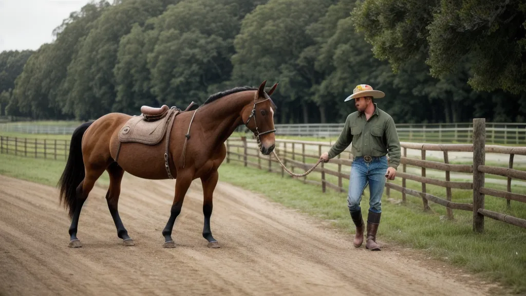 Frédéric au calme avec son jeune cheval après une séance de travail latéral, éducation équine progressive
