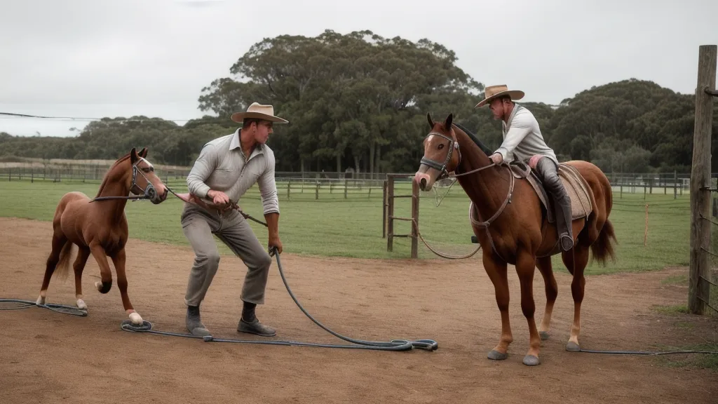 Équitation amateur : jeune poulain sellé et détendu en séance de débourrage au rond de longe