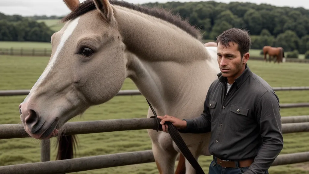 Désensibilisation d'un jeune poulain aux bruits extérieurs après le débourrage, cheval calme en sécurité à l'extérieur