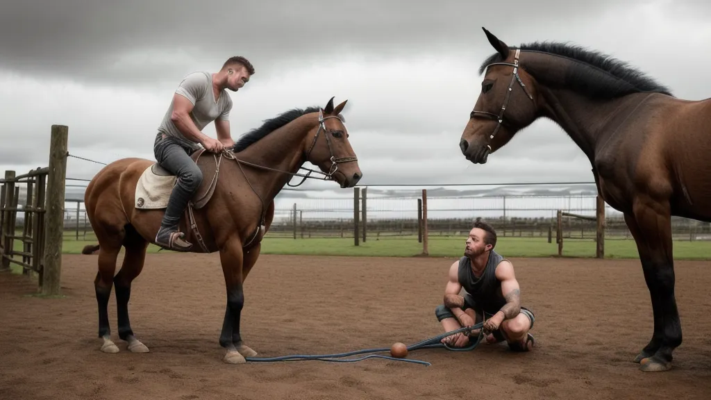 Cavalier menant au pas un jeune cheval débourré en sécurité, gestion calme d'un bruit extérieur imprévu