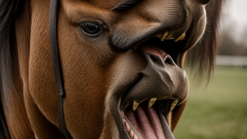Contact d'une rêne en cuir fin sur la bouche d'un jeune cheval en plein débourrage