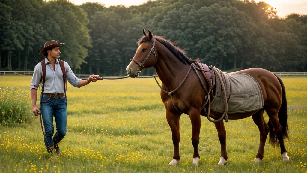 Frédéric en travail à pied avec son jeune cheval, étape clé avant le travail monté