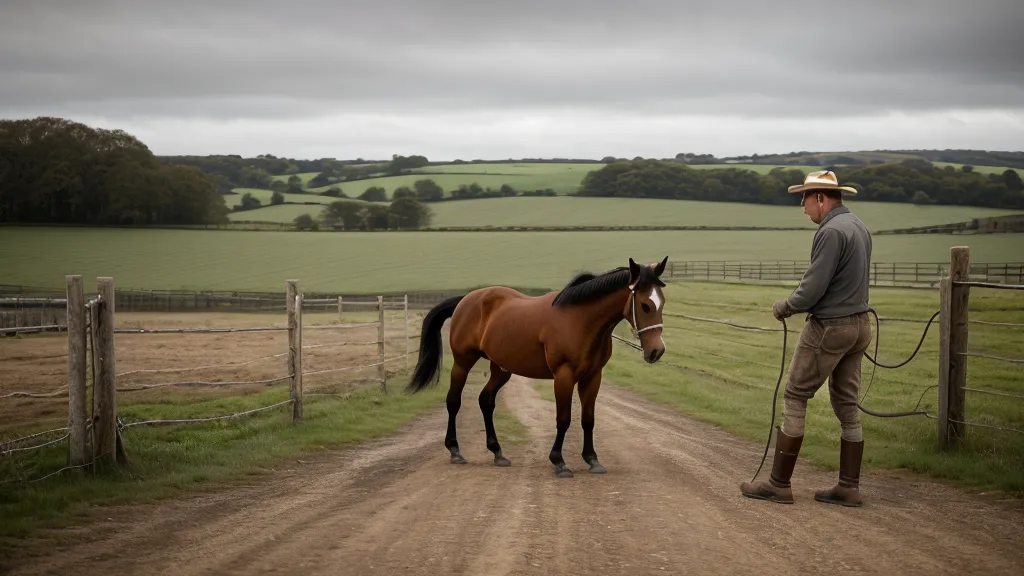 Jeune cheval en travail à pied dans le bocage virois, séance de débourrage doux en extérieur