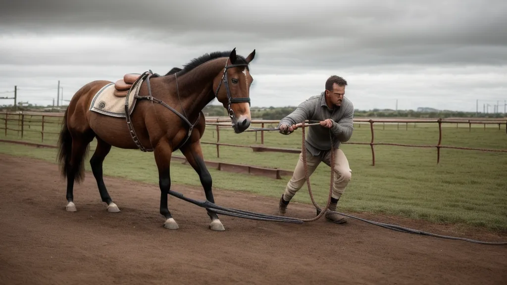 Jeune cheval portant un filet simple sans enrênement pendant une séance de travail à pied