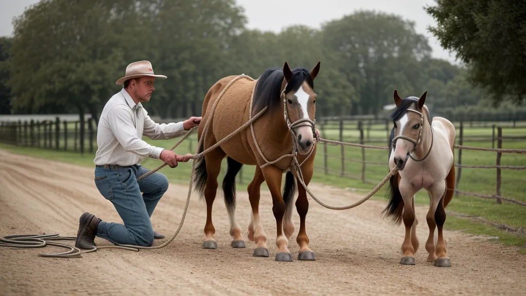 Bottes boueuses sur les marches d'un montoir bleu, étape du débourrage respectueux en Normandie