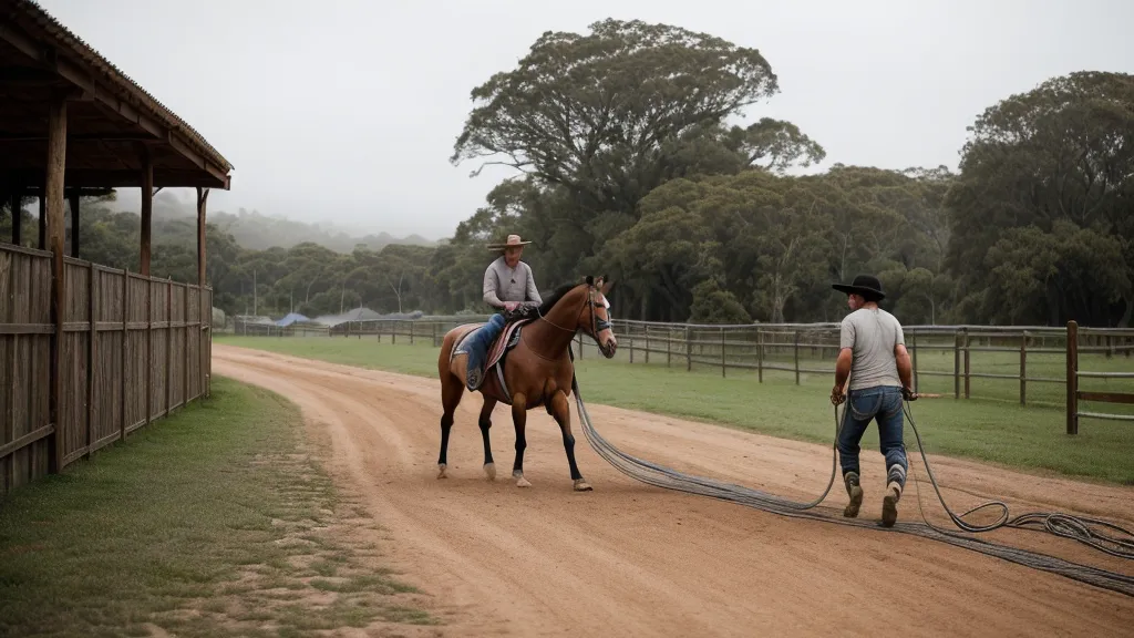 Travail à pied à la longe avant le débourrage d'un jeune cheval