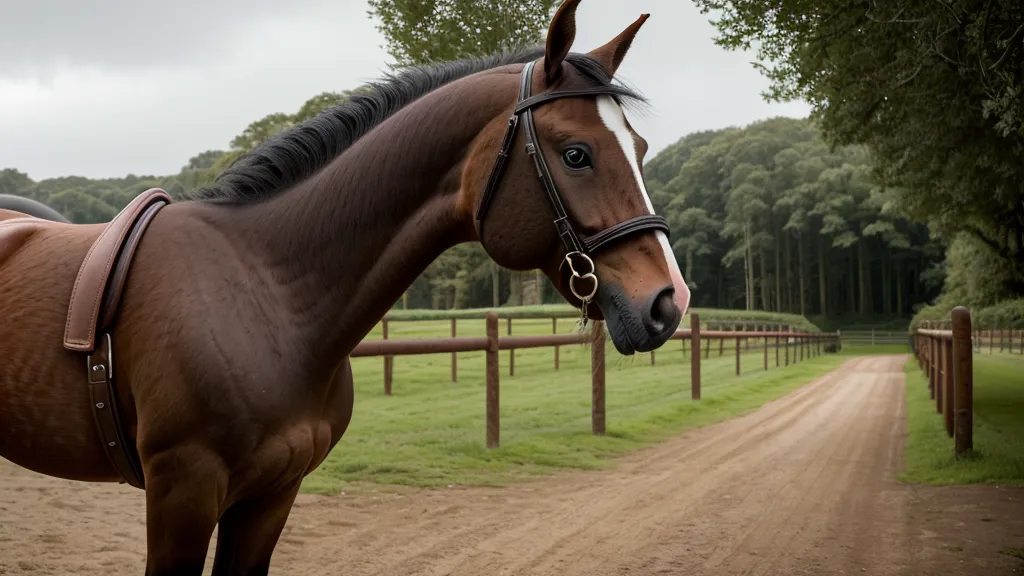Jeune cheval concentré au travail malgré les distractions extérieures
