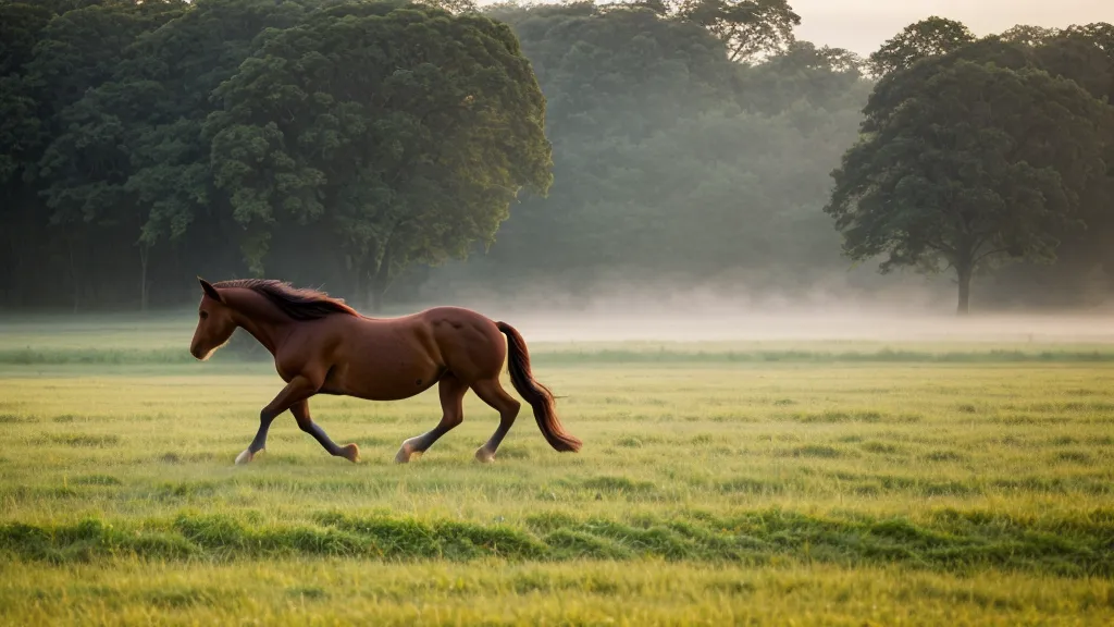 Jeune cheval au pré en Normandie observant son propriétaire.