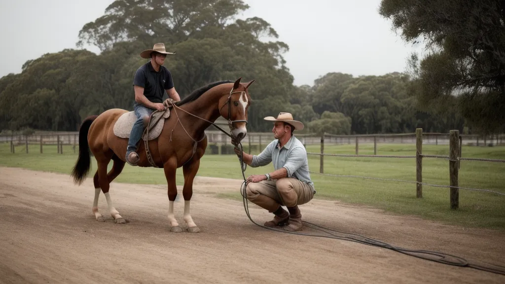 Cavalier au centre d'un rond de longe avec un jeune cheval, séance de travail à la longe