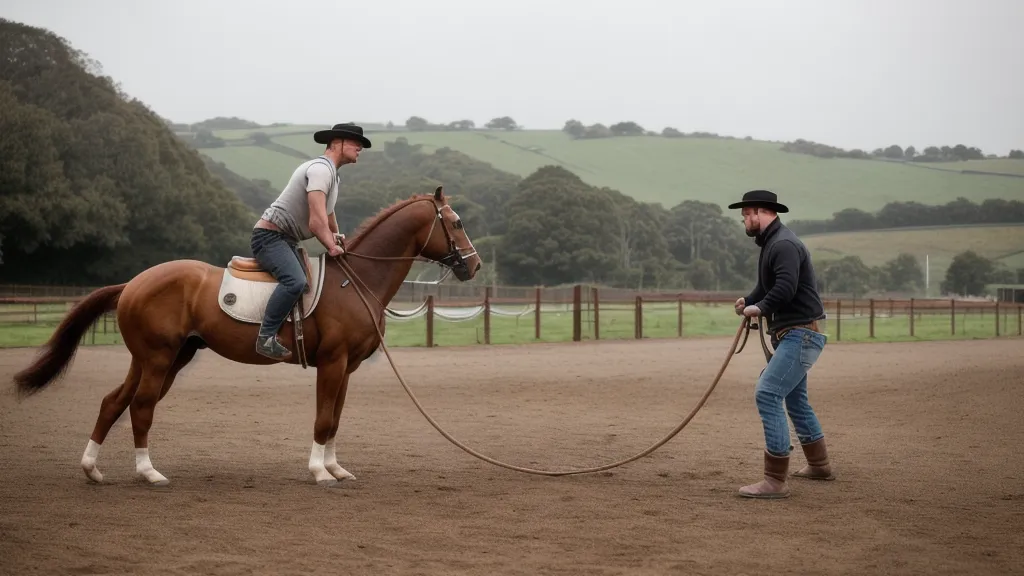 Sabots d'un jeune cheval en mouvement sur le sable pendant une séance de travail à la longe