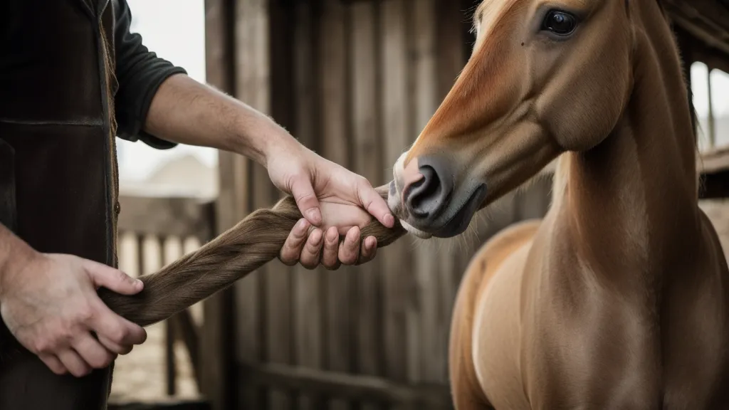 Gros plan d'une main caressant le dos d'un jeune cheval pour le préparer à la selle.