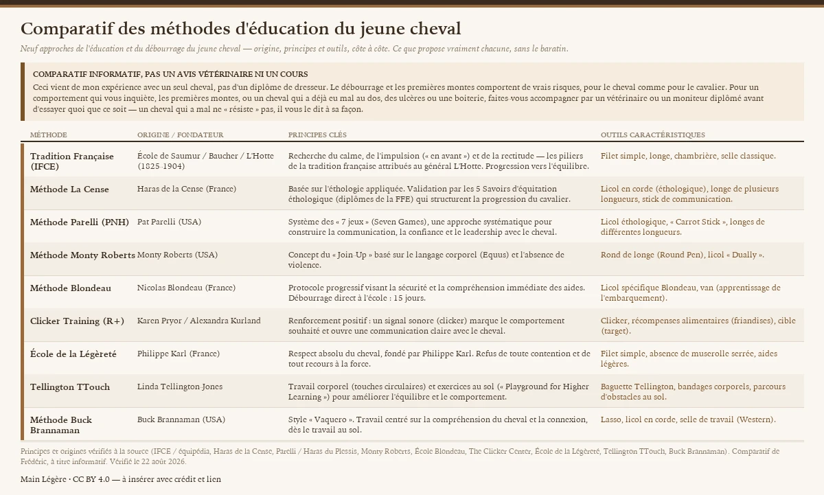 Comparatif de neuf méthodes d'éducation et de débourrage du jeune cheval — Tradition Française (IFCE), La Cense, Parelli, Monty Roberts, Blondeau, Clicker Training, École de la Légèreté, Tellington TTouch et Buck Brannaman — avec pour chacune son origine ou fondateur, ses principes clés et ses outils caractéristiques. Comparatif informatif, pas un avis vétérinaire ni un cours : le débourrage et les premières montes comportent de vrais risques ; pour un comportement inquiétant, les premières montes ou un cheval qui a mal, faites-vous accompagner par un vétérinaire ou un moniteur diplômé.